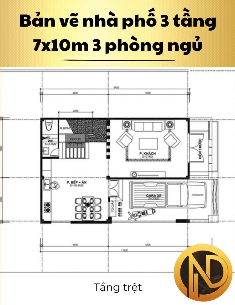 Mẫu nhà phố 3 tầng 7x10m 3 phòng ngủ