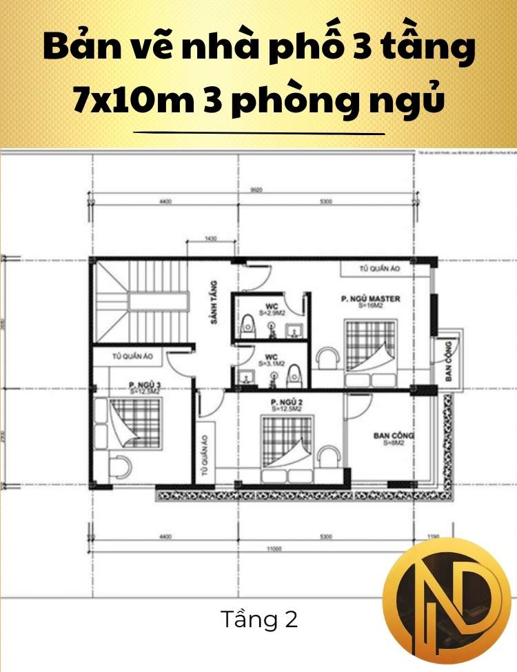 Mẫu nhà phố 3 tầng 7x10m 3 phòng ngủ