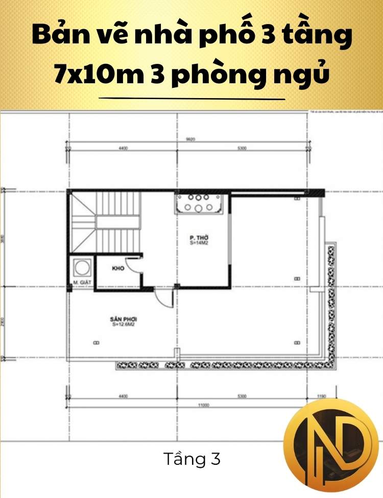 Mẫu nhà phố 3 tầng 7x10m 3 phòng ngủ