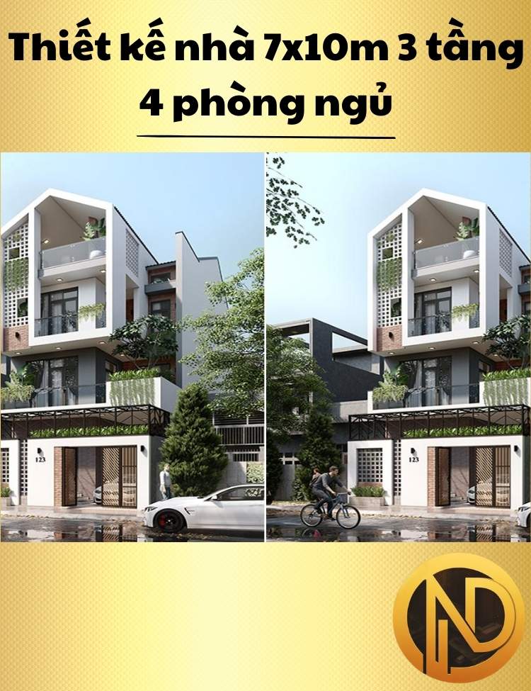 Thiết kế nhà 7x10m 3 tầng 4 phòng ngủ