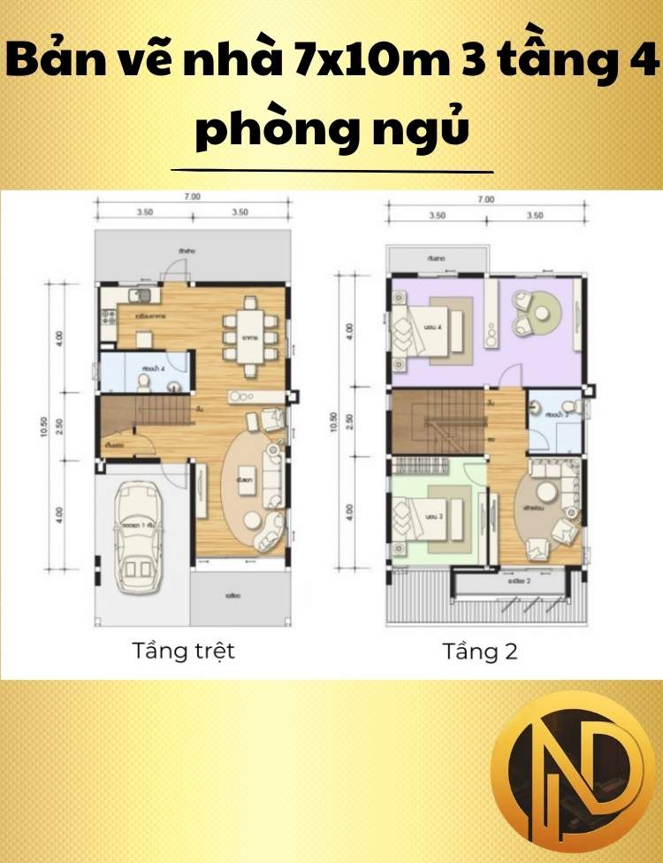 Thiết kế nhà 7x10m 3 tầng 4 phòng ngủ