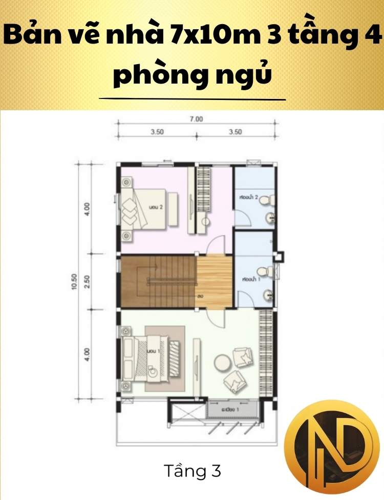 Thiết kế nhà 7x10m 3 tầng 4 phòng ngủ