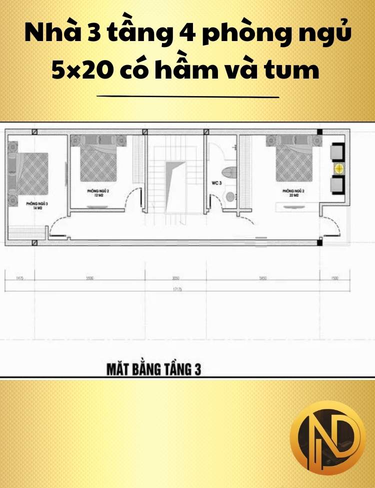 Nhà 3 tầng 4 phòng ngủ 5×20 có hầm và tum hiện đại