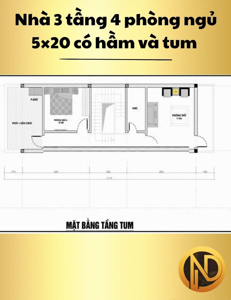 Nhà 3 tầng 4 phòng ngủ 5×20 có hầm và tum hiện đại