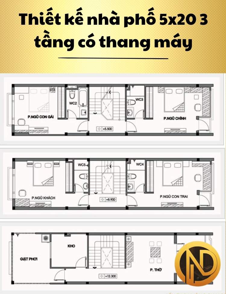 Thiết kế nhà phố 5x20 3 tầng có thang máy