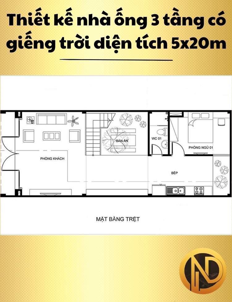 Thiết kế nhà ống 3 tầng có giếng trời diện tích 5x20m