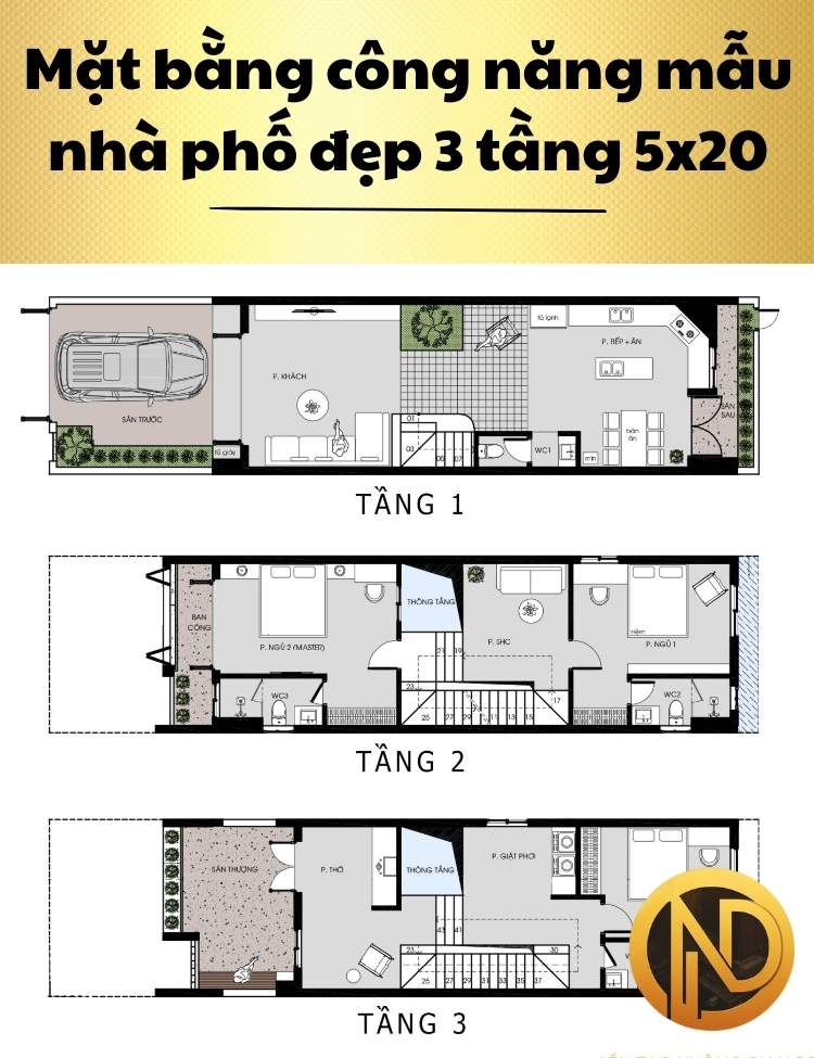 mẫu nhà phố đẹp 3 tầng 5x20 