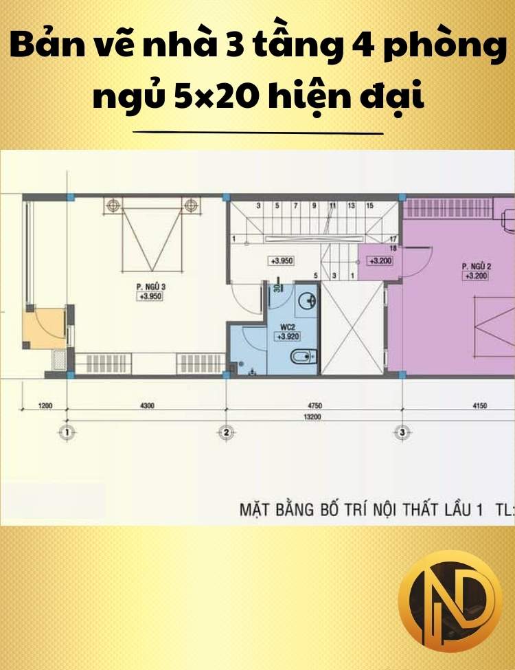 Nhà 3 tầng 4 phòng ngủ 5×20 hiện đại