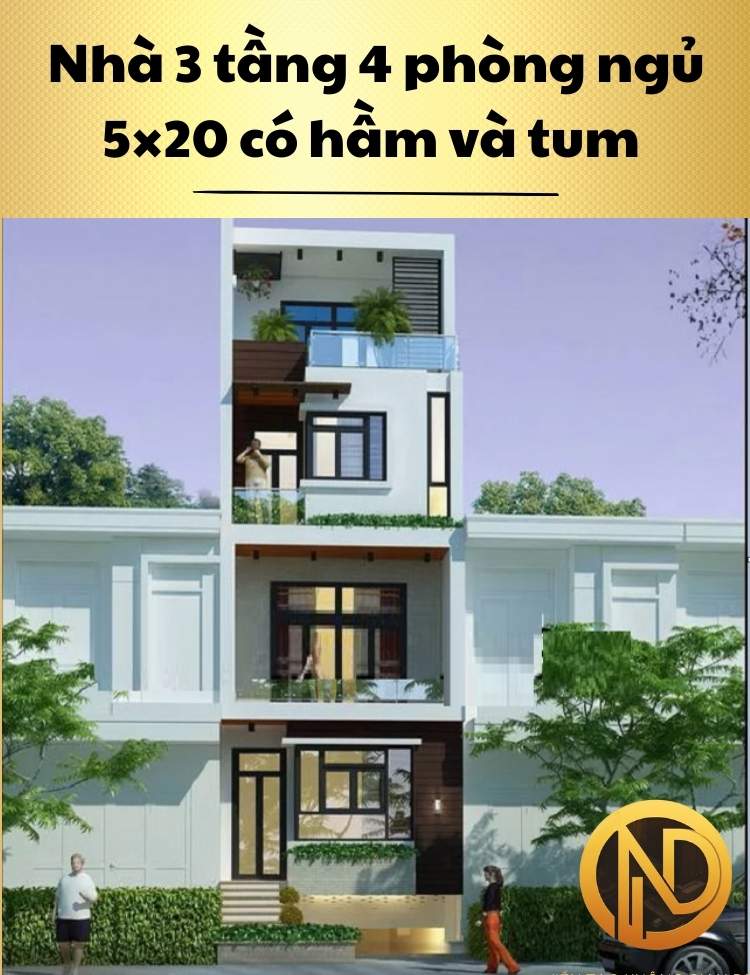 Nhà 3 tầng 4 phòng ngủ 5×20 có hầm và tum hiện đại