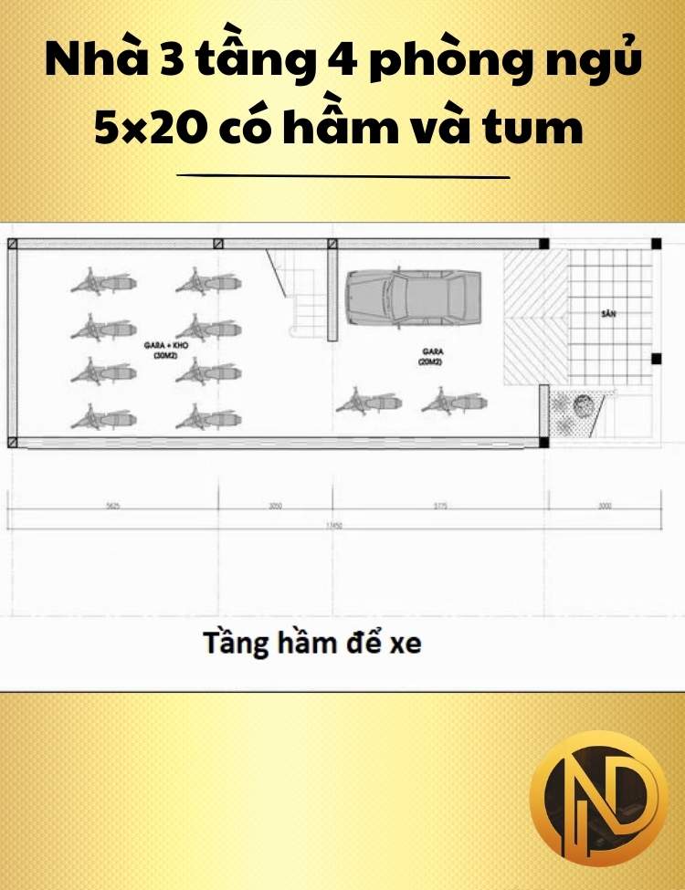 Nhà 3 tầng 4 phòng ngủ 5×20 có hầm và tum hiện đại