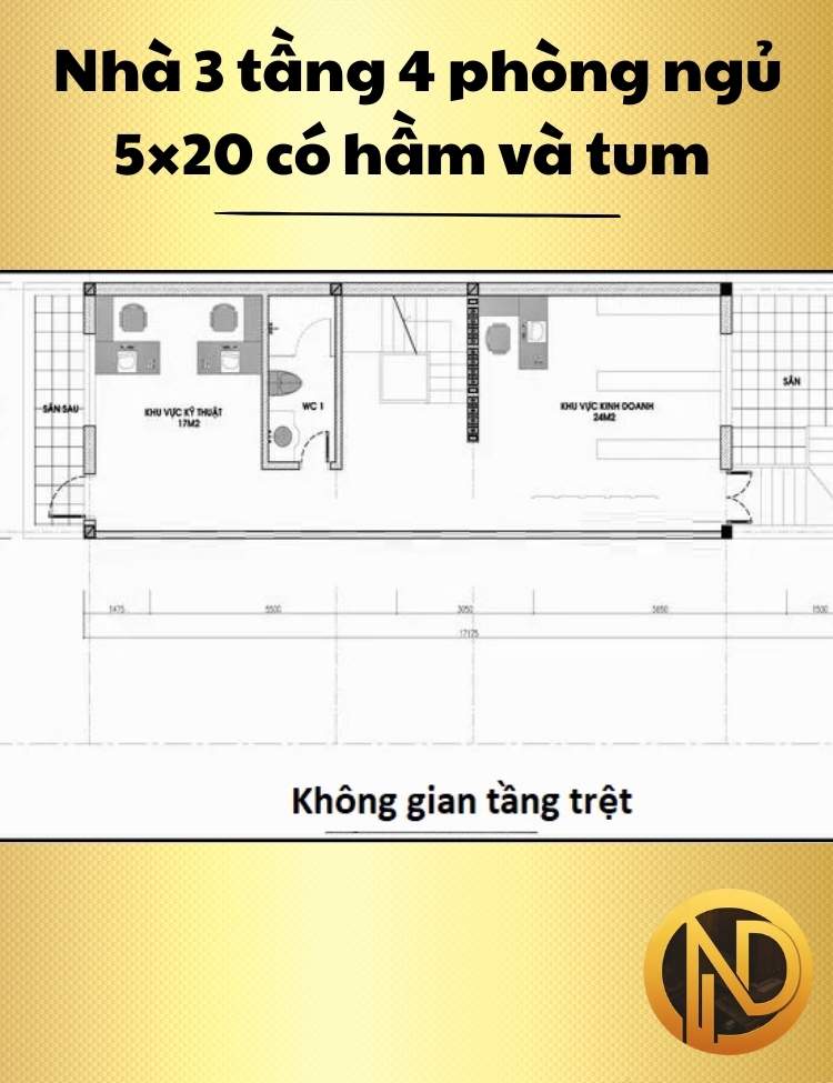 Nhà 3 tầng 4 phòng ngủ 5×20 có hầm và tum hiện đại