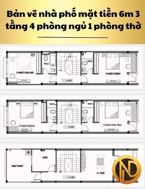 Mẫu nhà phố mặt tiền 6m 3 tầng hiện đại 4 phòng ngủ 1 phòng thờ