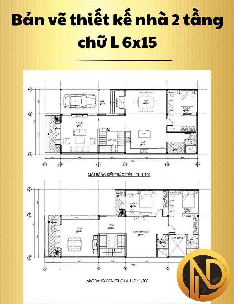 Mẫu thiết kế nhà 2 tầng chữ L 6x15