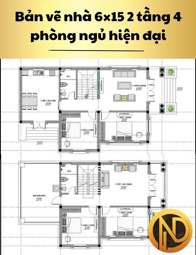 Mẫu nhà 6×15 2 tầng 4 phòng ngủ phong cách hiện đại