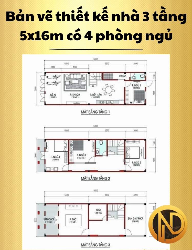 Mẫu thiết kế nhà 3 tầng 5x16m có 4 phòng ngủ