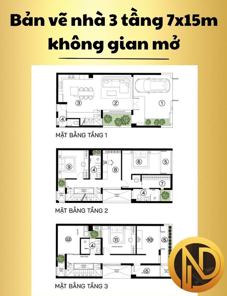 Mẫu thiết kế nhà 3 tầng 7x15m không gian mở