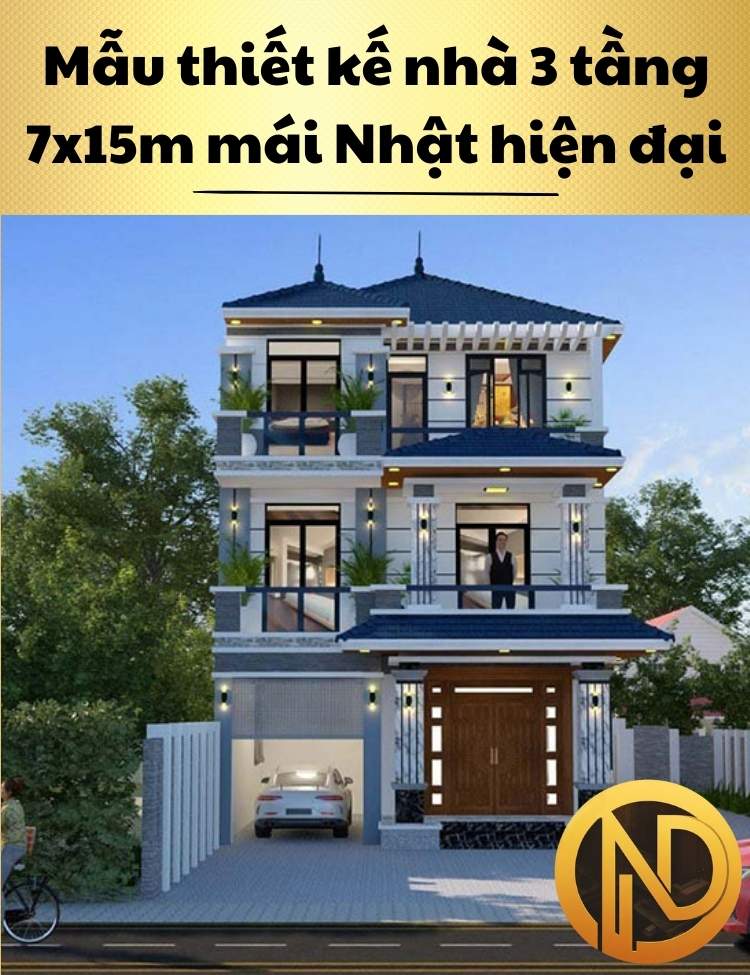 Mẫu thiết kế nhà 3 tầng 7x15m mái Nhật hiện đại