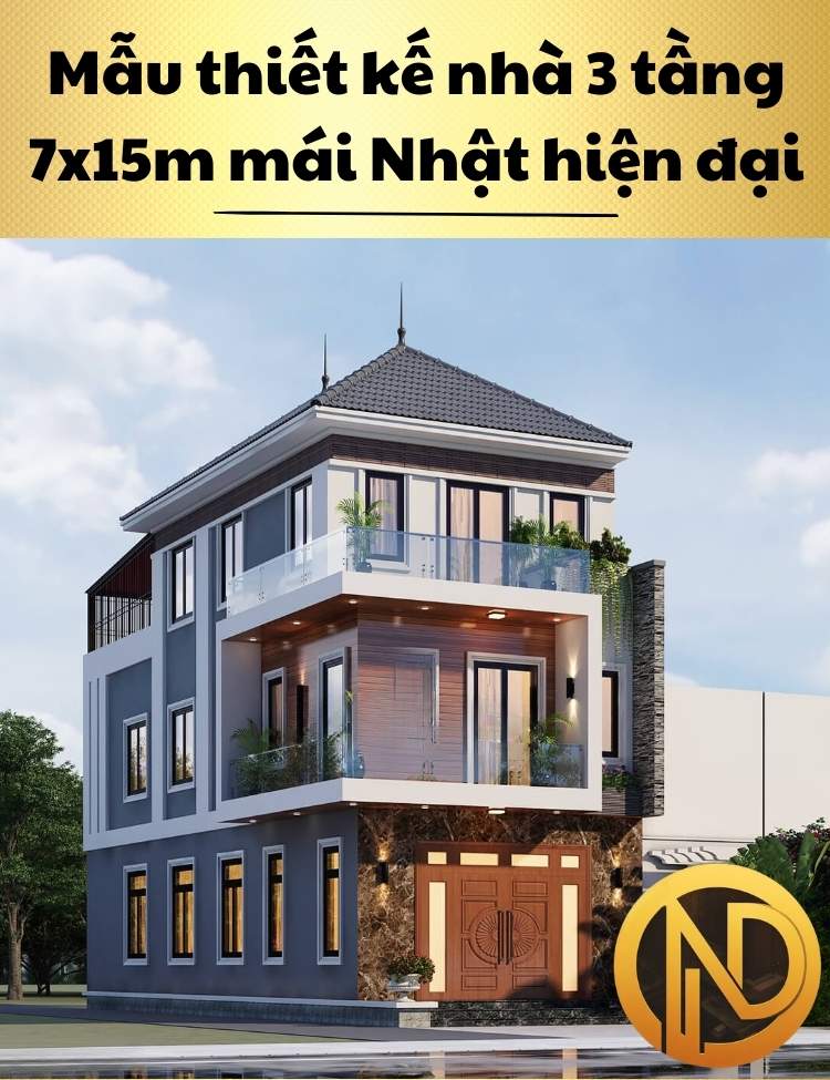 Mẫu thiết kế nhà 3 tầng 7x15m mái Nhật hiện đại