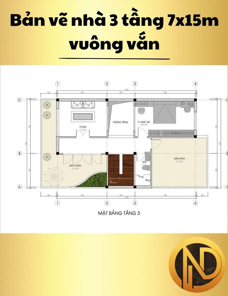 Mẫu thiết kế nhà 3 tầng 7x15m vuông vắn