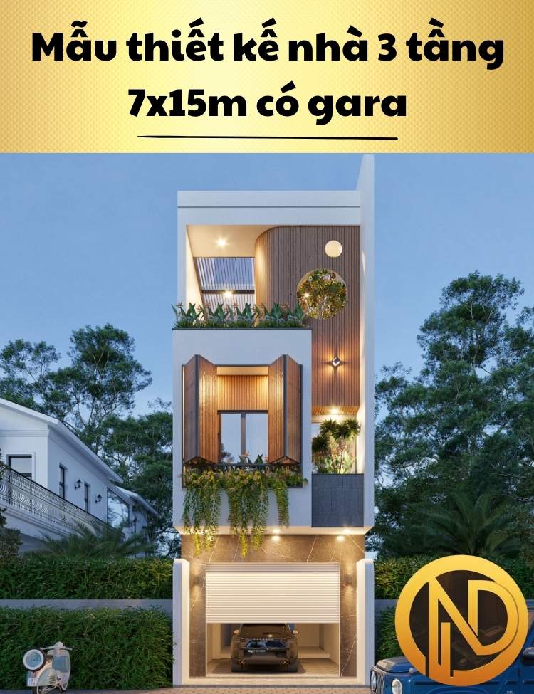 Mẫu thiết kế nhà 3 tầng 7x15m có gara