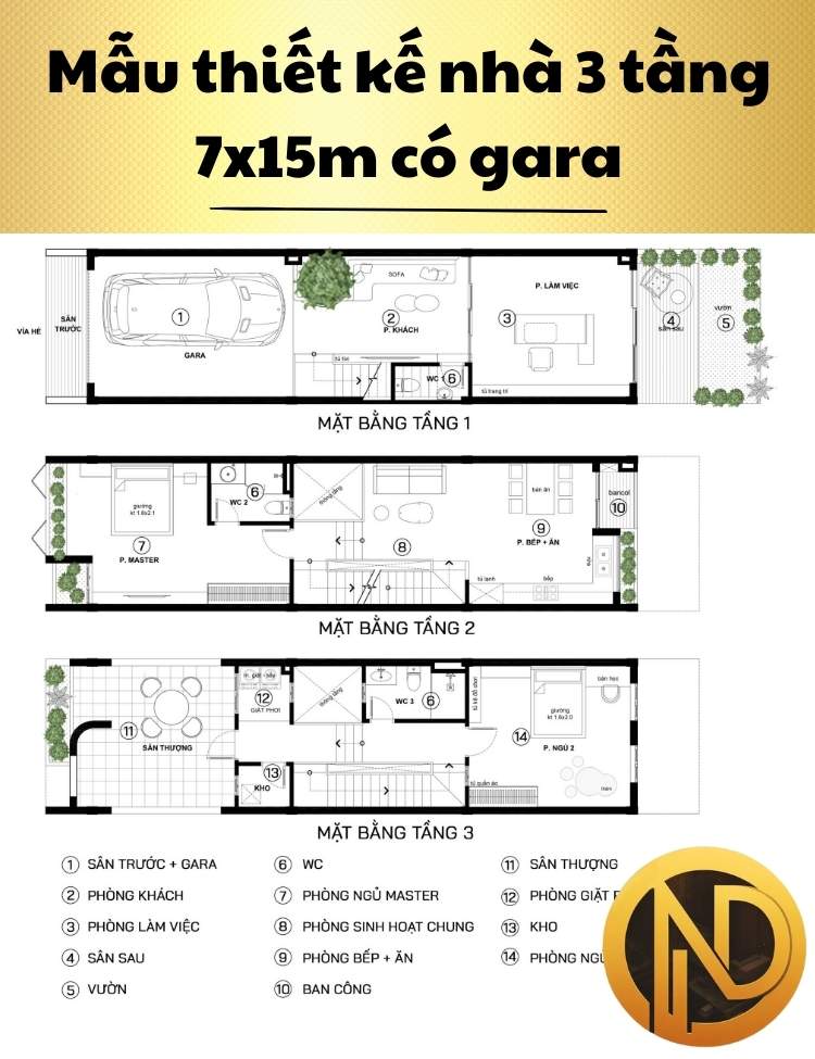 Mẫu thiết kế nhà 3 tầng 7x15m có gara