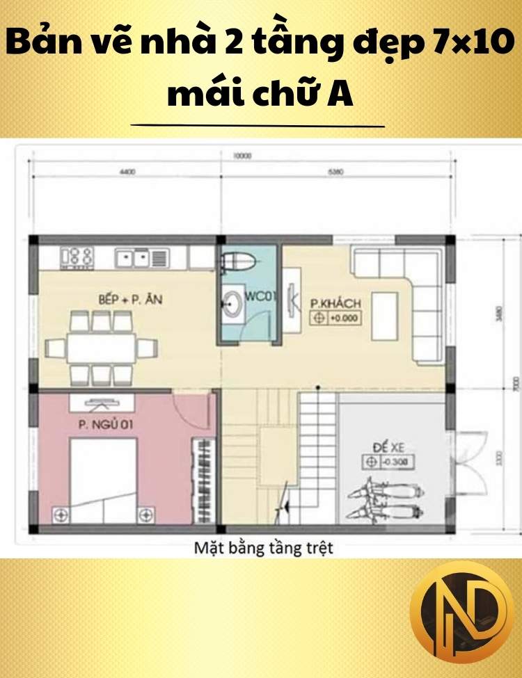 Mẫu nhà 2 tầng đẹp 7×10 mái chữ A