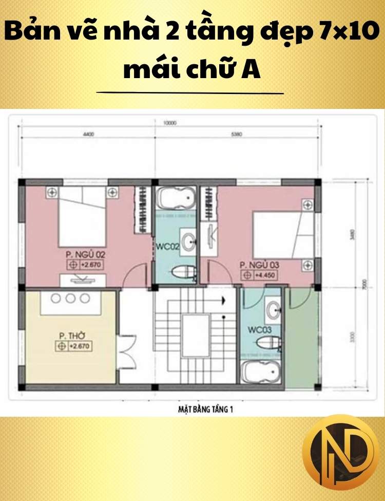 Mẫu nhà 2 tầng đẹp 7×10 mái chữ A