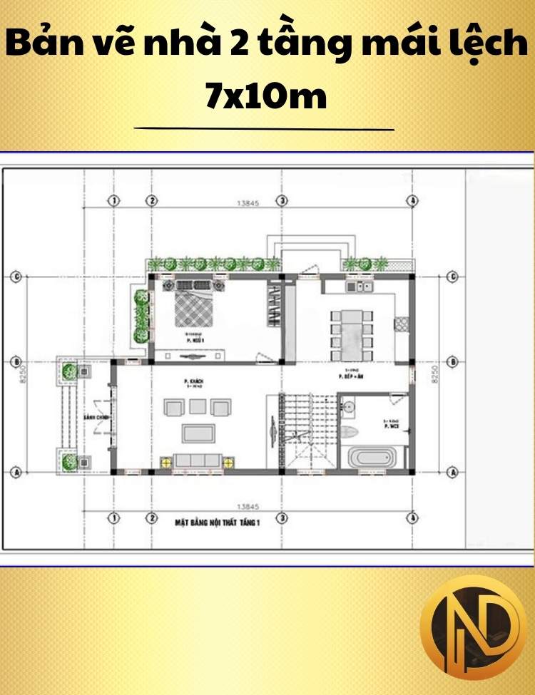 Mẫu nhà 2 tầng mái lệch 7x10m