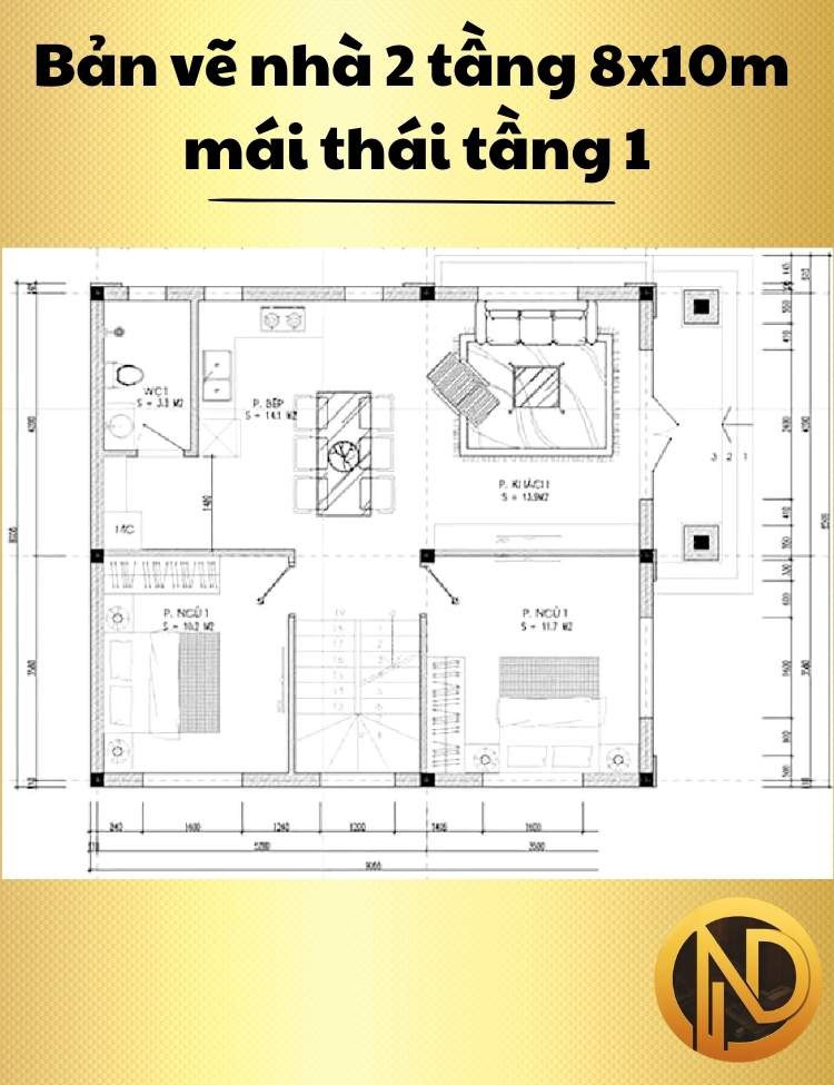 Mẫu nhà 2 tầng 8x10m mái thái