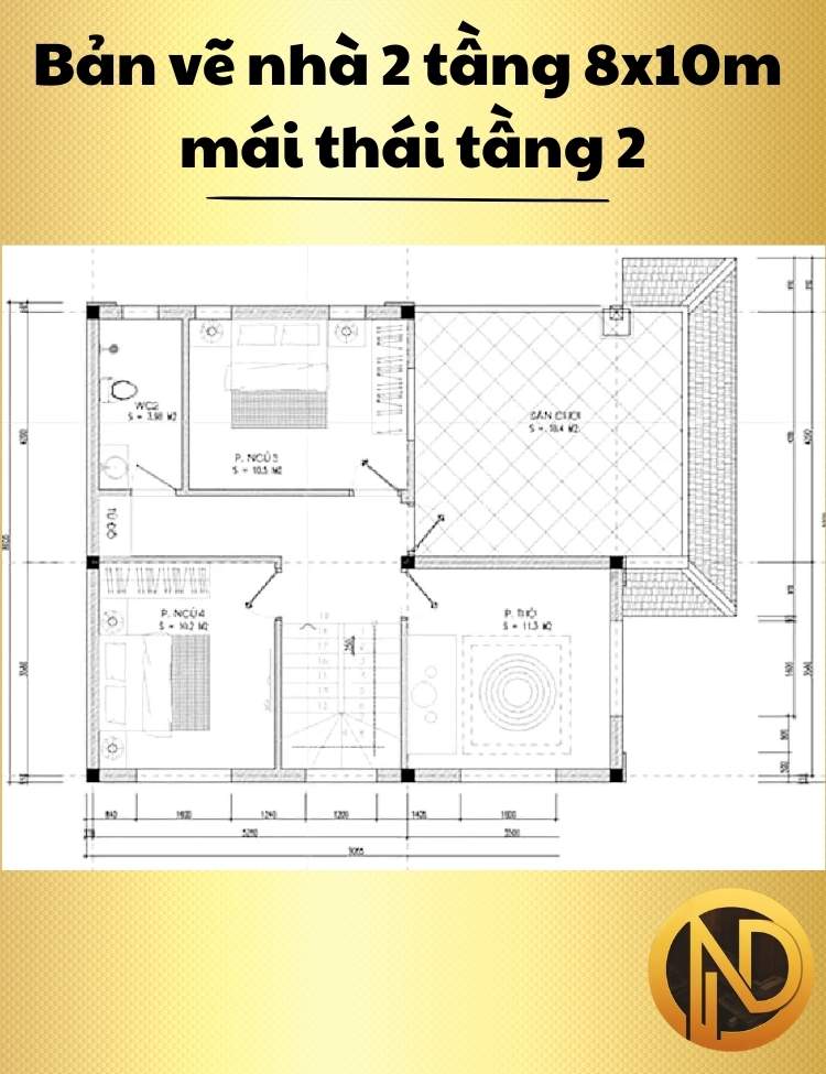 Mẫu nhà 2 tầng 8x10m mái thái