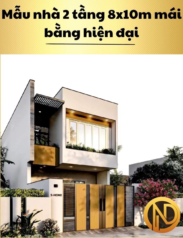 Mẫu nhà 2 tầng 8x10m mái bằng hiện đại