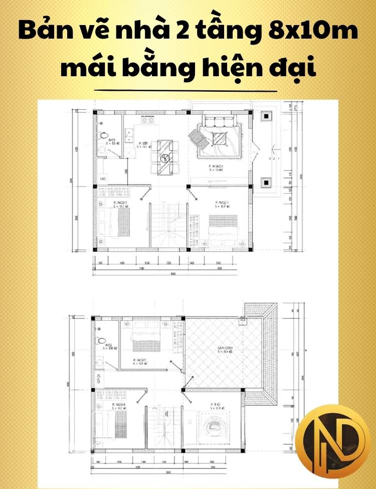 Mẫu nhà 2 tầng 8x10m mái bằng hiện đại