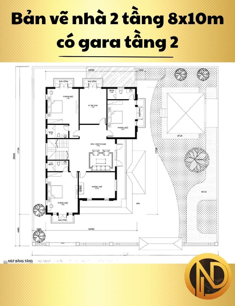 Mẫu nhà 2 tầng 8x10m có gara