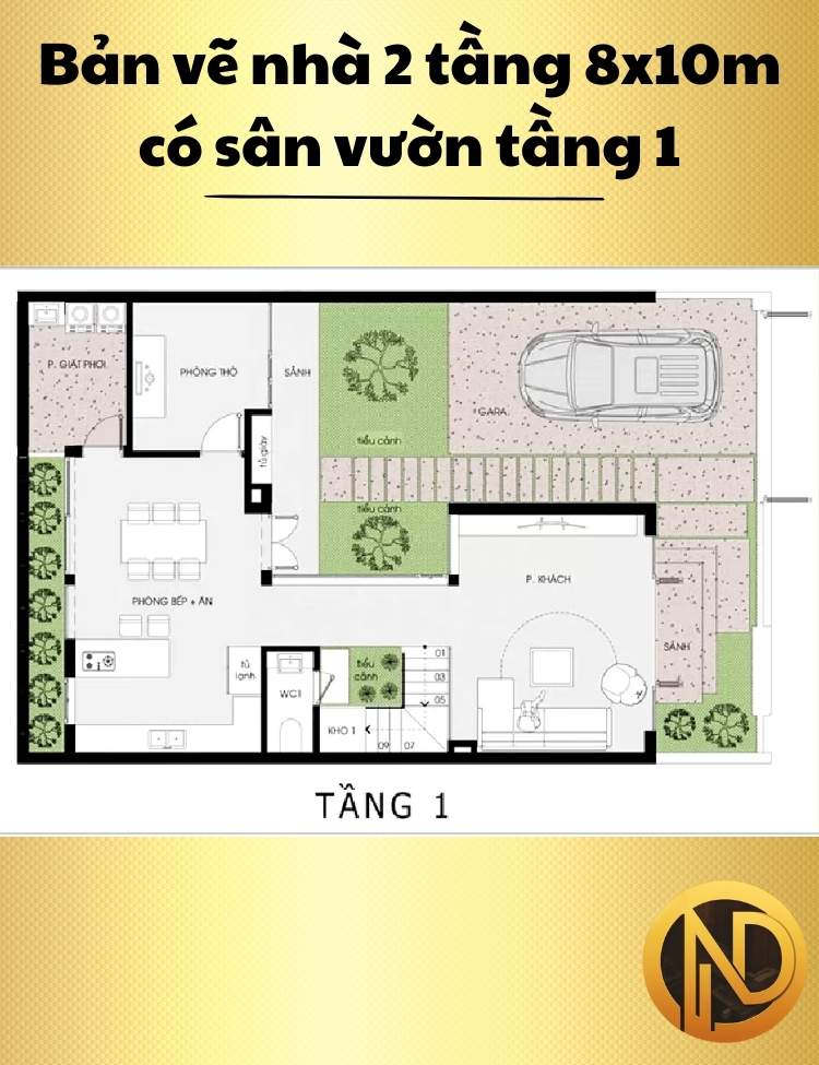 Mẫu nhà 2 tầng 8x10m có sân vườn