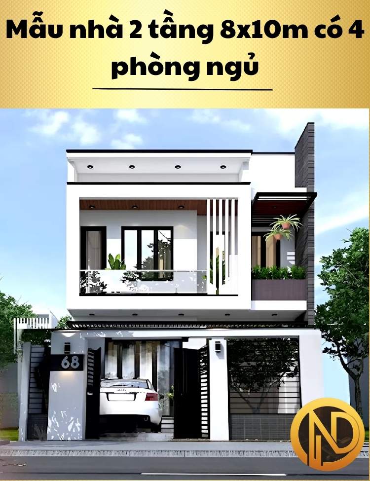 Mẫu nhà 2 tầng 8x10m có 4 phòng ngủ