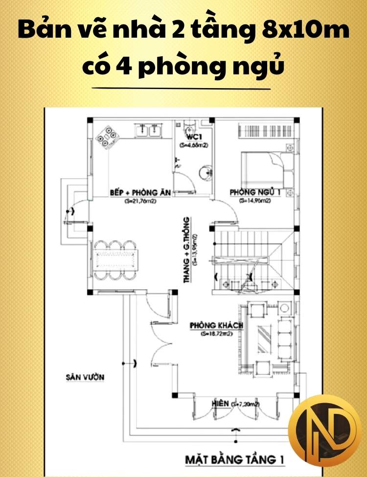 Mẫu nhà 2 tầng 8x10m có 4 phòng ngủ