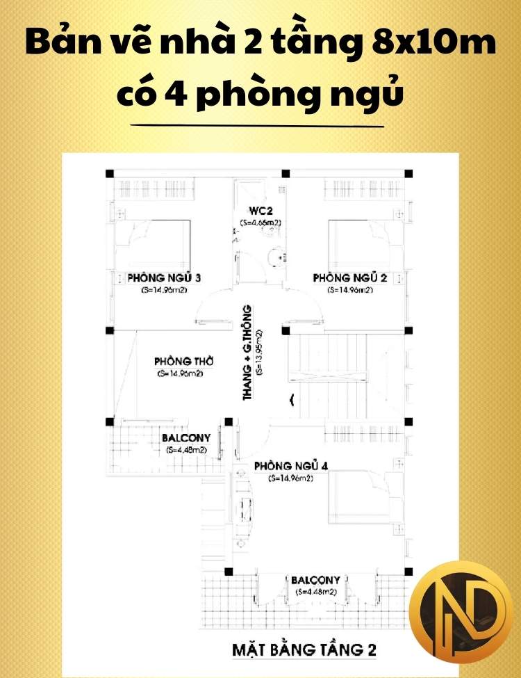 Mẫu nhà 2 tầng 8x10m có 4 phòng ngủ