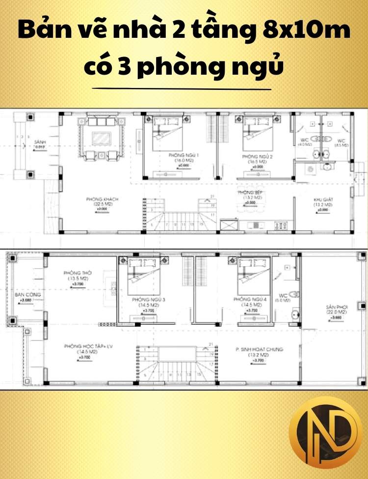 Mẫu nhà 2 tầng 8x10m có 3 phòng ngủ