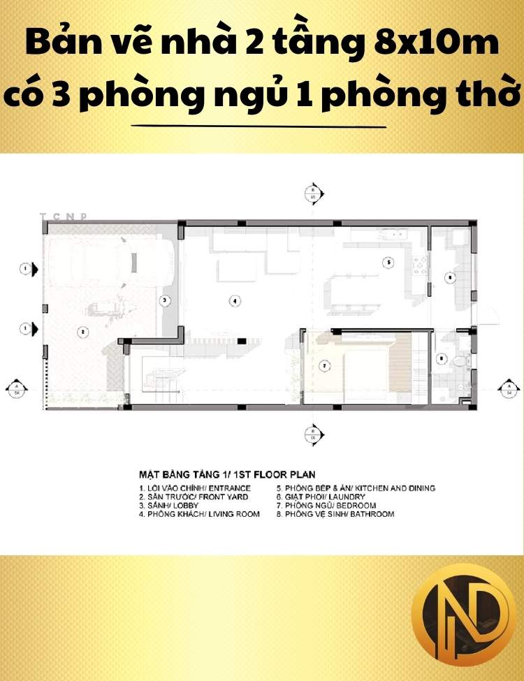 Mẫu nhà 2 tầng 8x10m có 3 phòng ngủ 1 phòng thờ