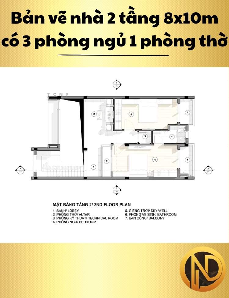 Mẫu nhà 2 tầng 8x10m có 3 phòng ngủ 1 phòng thờ