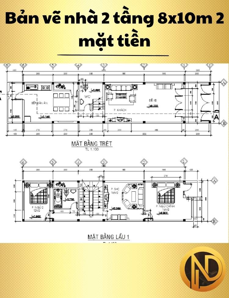 Mẫu nhà 2 tầng 8x10m 2 mặt tiền