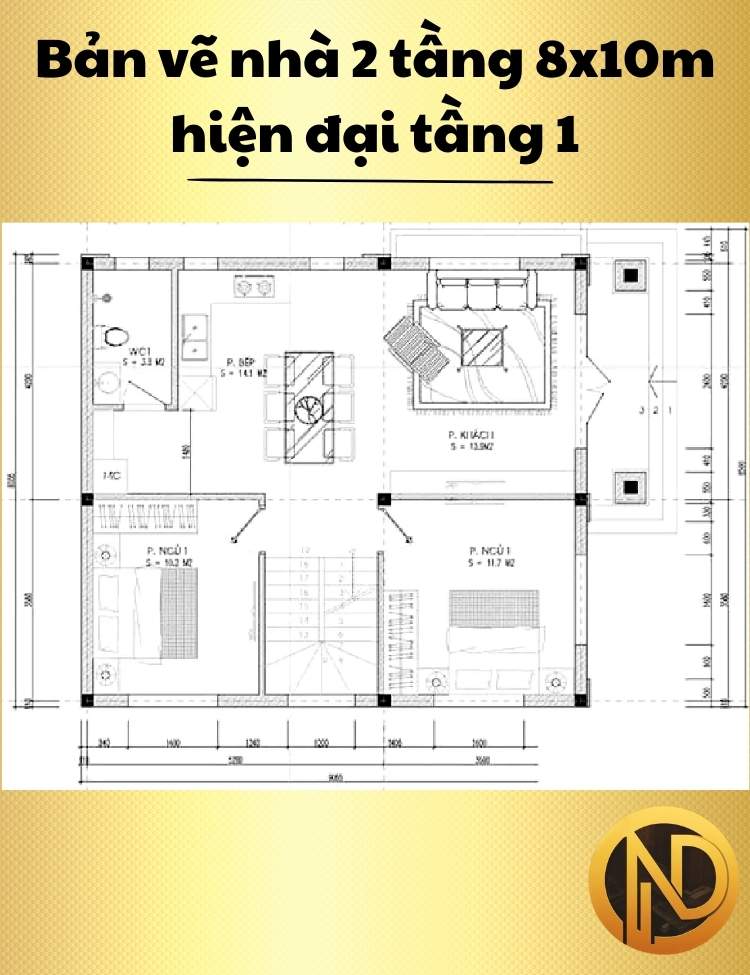 Mẫu nhà 2 tầng 8x10m hiện đại