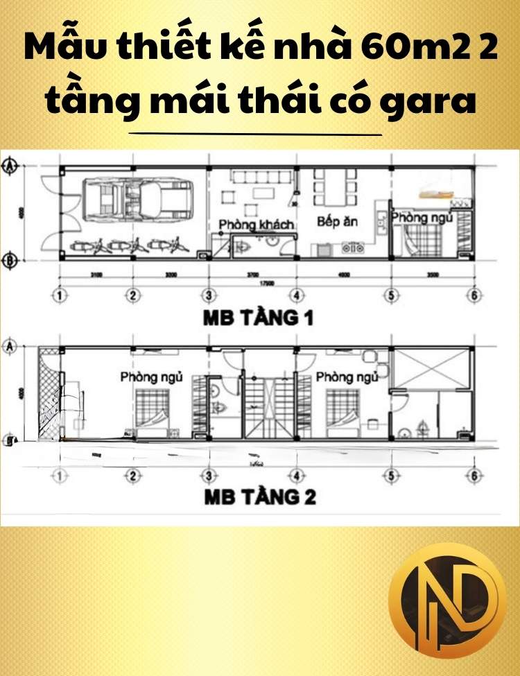 Mẫu thiết kế nhà 60m2 2 tầng mái thái có gara