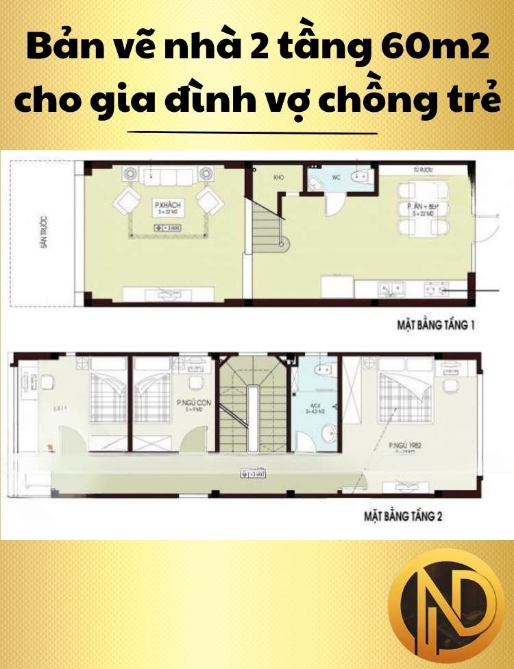 Mẫu nhà 2 tầng 60m2 cho gia đình vợ chồng trẻ