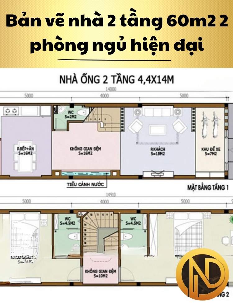 Mẫu nhà 2 tầng 60m2 2 phòng ngủ hiện đại