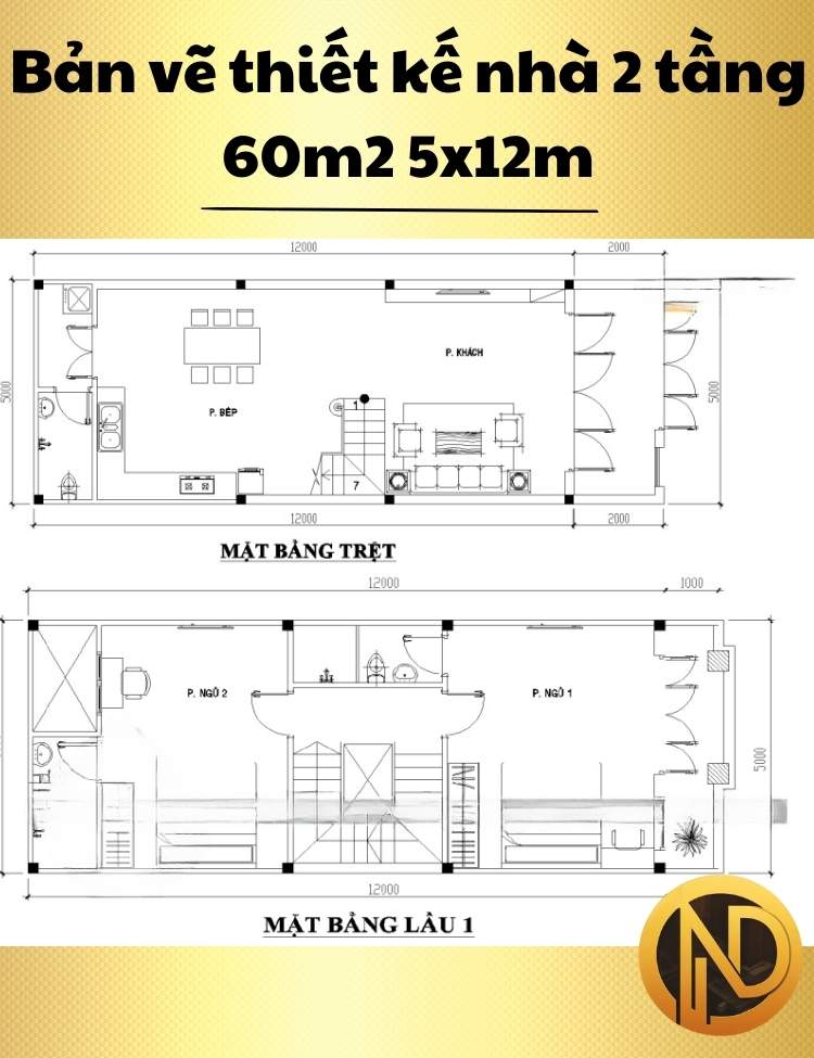 Mẫu thiết kế nhà 2 tầng 60m2 5x12m