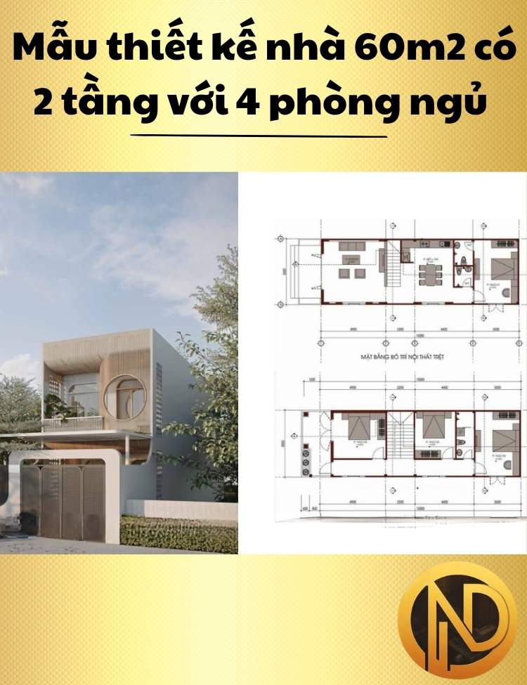 Mẫu thiết kế nhà 60m2 có 2 tầng với 4 phòng ngủ nhỏ