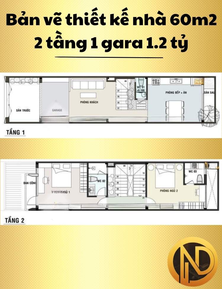 Mẫu thiết kế nhà 60m2 2 tầng 1 gara 1.2 tỷ