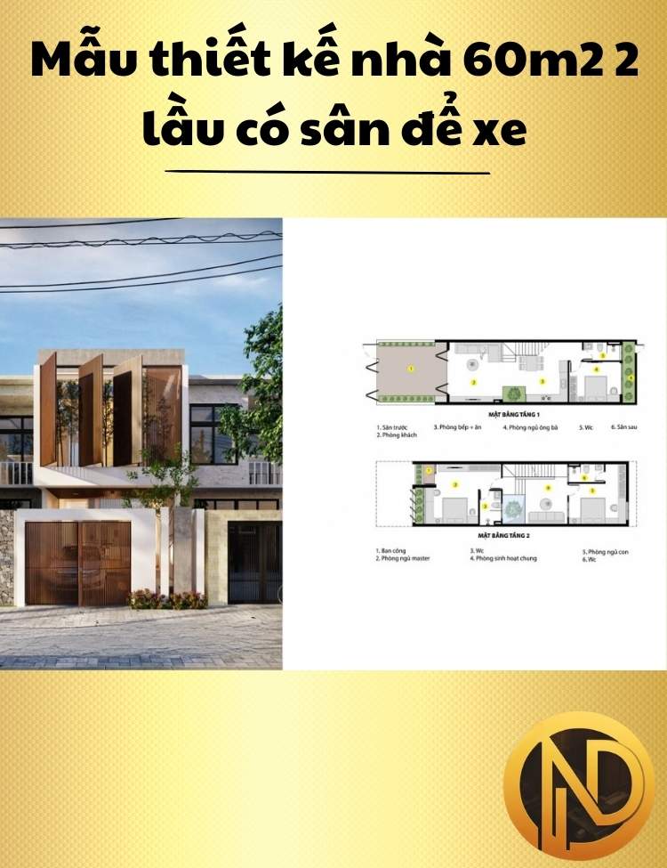 Mẫu thiết kế nhà 60m2 2 lầu có sân để xe