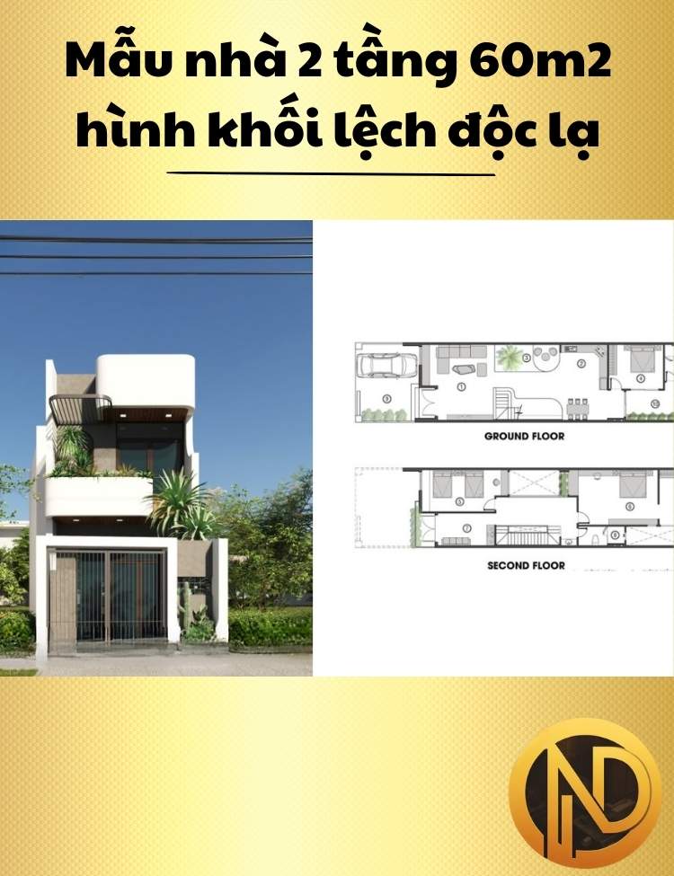 Mẫu nhà 2 tầng 60m2 hình khối lệch độc lạ